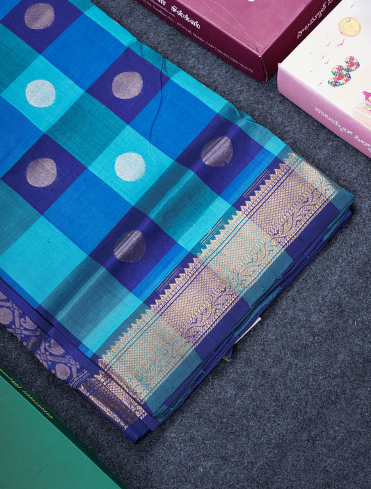 Paalum Pazham Checks Pure Silk Cotton Saree With Contrast Violet Blouse
