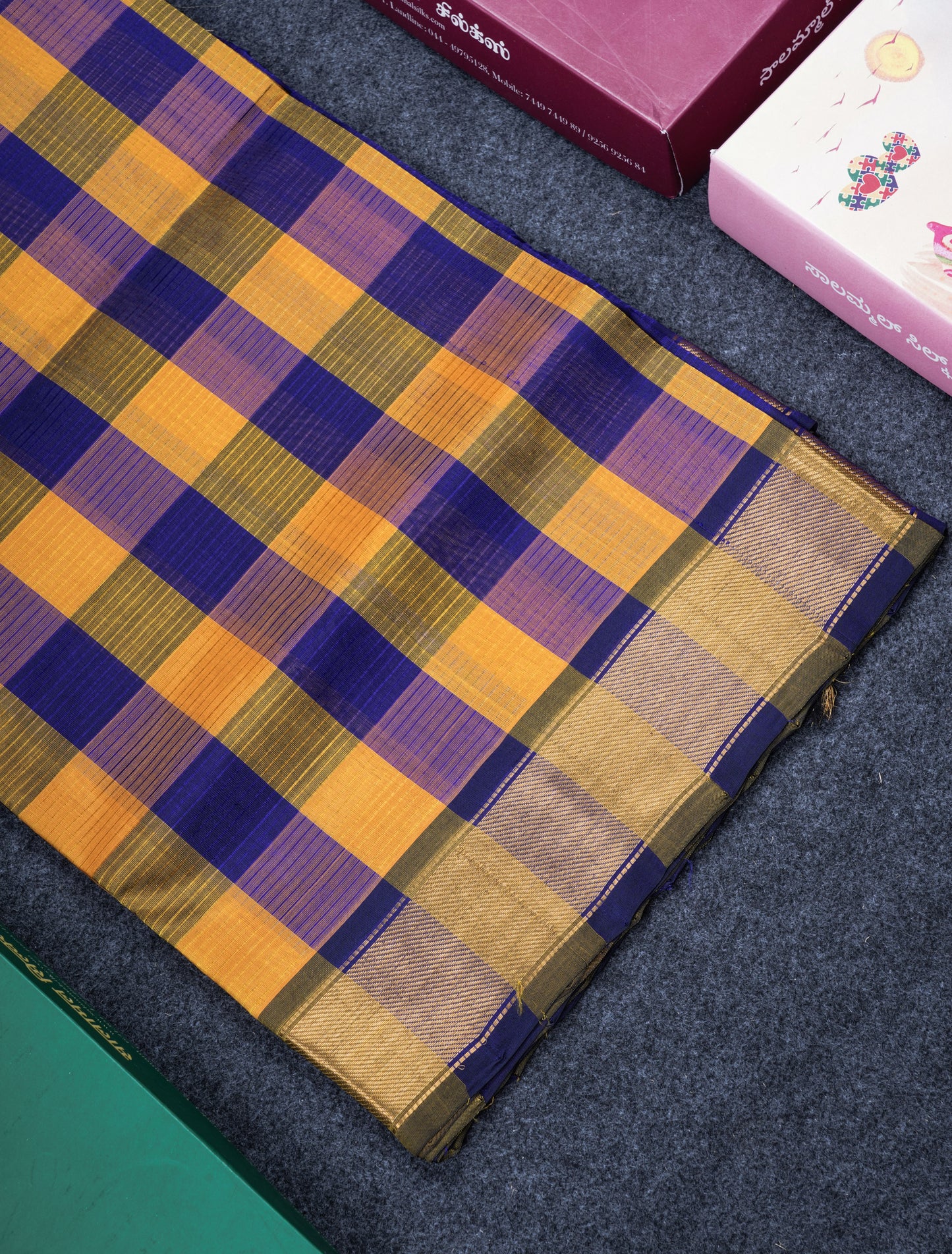Beautiful Paalum Pazham Checks Handloom Pure Silk Cotton Saree With Contrast Violet Blouse