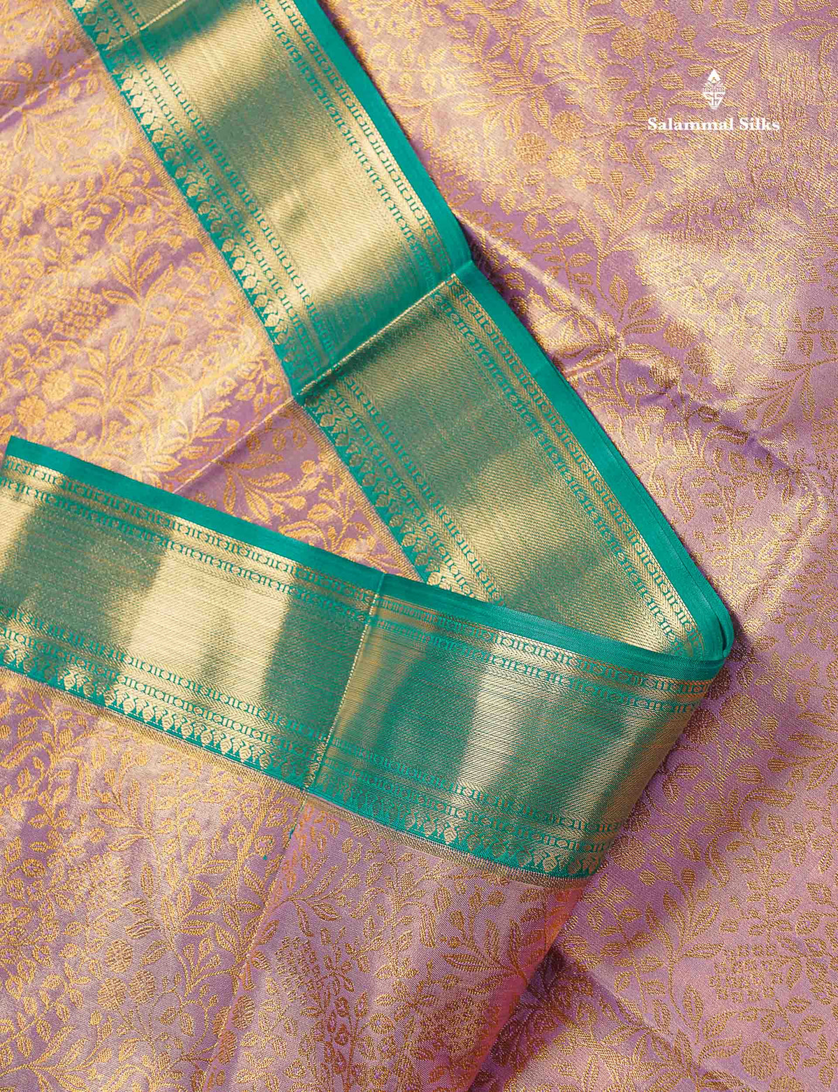 Tissue Bridal Semi Silk Saree - Light Lavender Colour Body With Contrast Teal Green Border