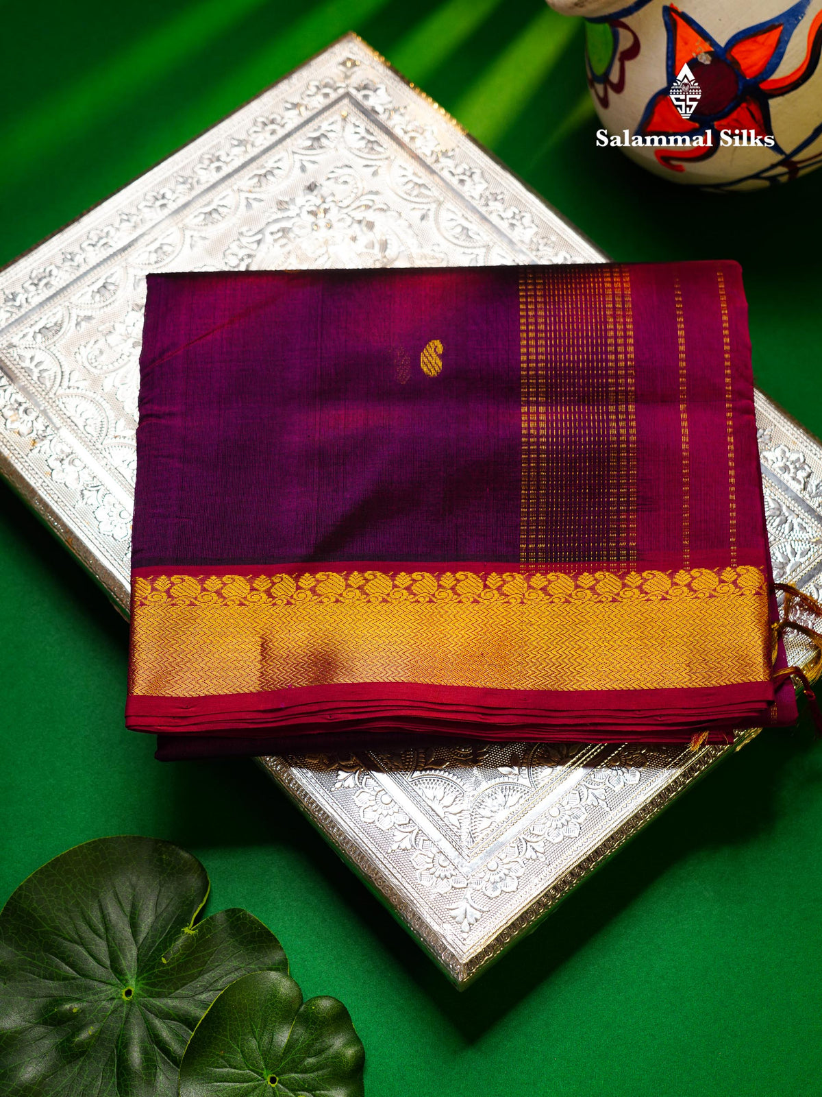 Beautiful Dark Purple Zari Buttas Handloom Pure Silk Cotton Saree With Vadamalli Traditional Border