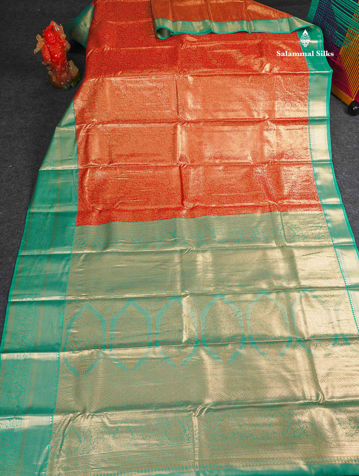 Tissue Bridal Semi Silk Saree - Orange Colour Body With Contrast Sapphire Green Border 