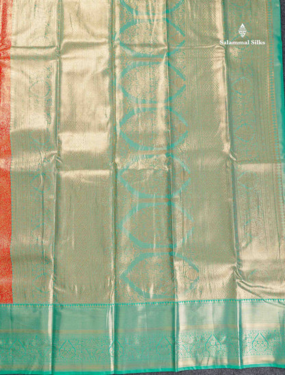 Tissue Bridal Semi Silk Saree - Orange Colour Body With Contrast Sapphire Green Border