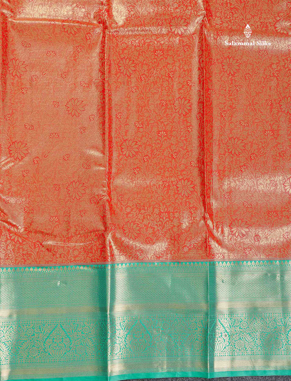 Tissue Bridal Semi Silk Saree - Orange Colour Body With Contrast Sapphire Green Border