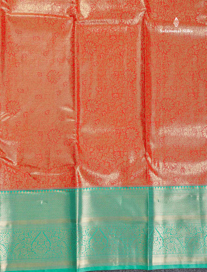 Tissue Bridal Semi Silk Saree - Orange Colour Body With Contrast Sapphire Green Border