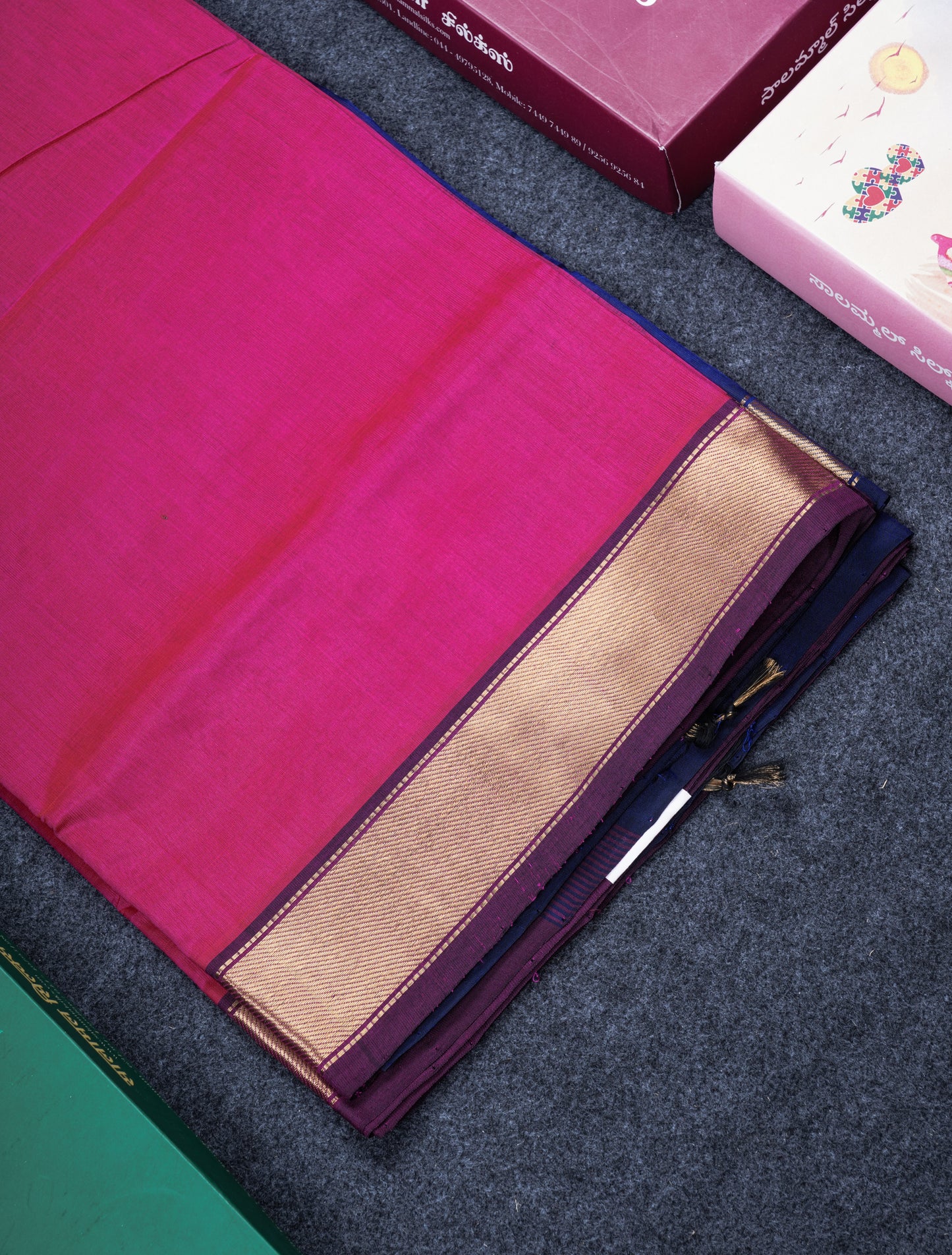 Rani Pink Pure Silk Cotton Saree With Contrast Royal Blue Blouse