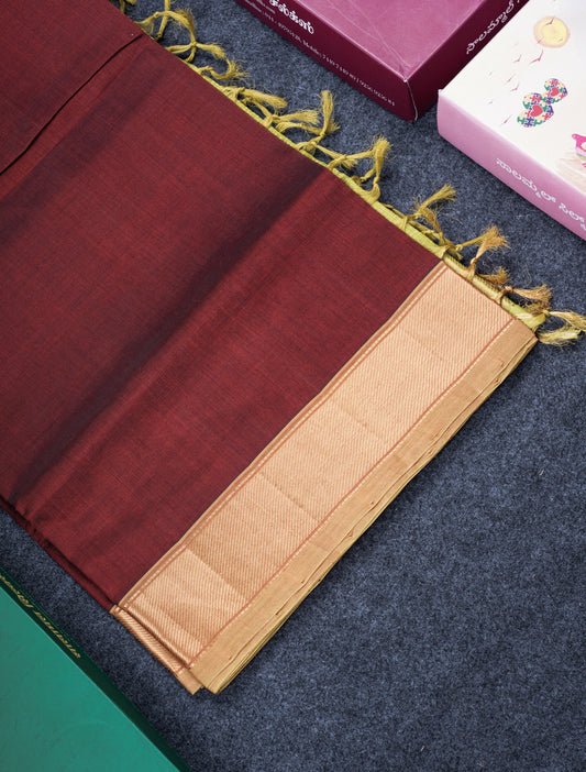 Dark Maroon Plain Pure Silk Cotton Saree With Contrast Parrot Green Blouse