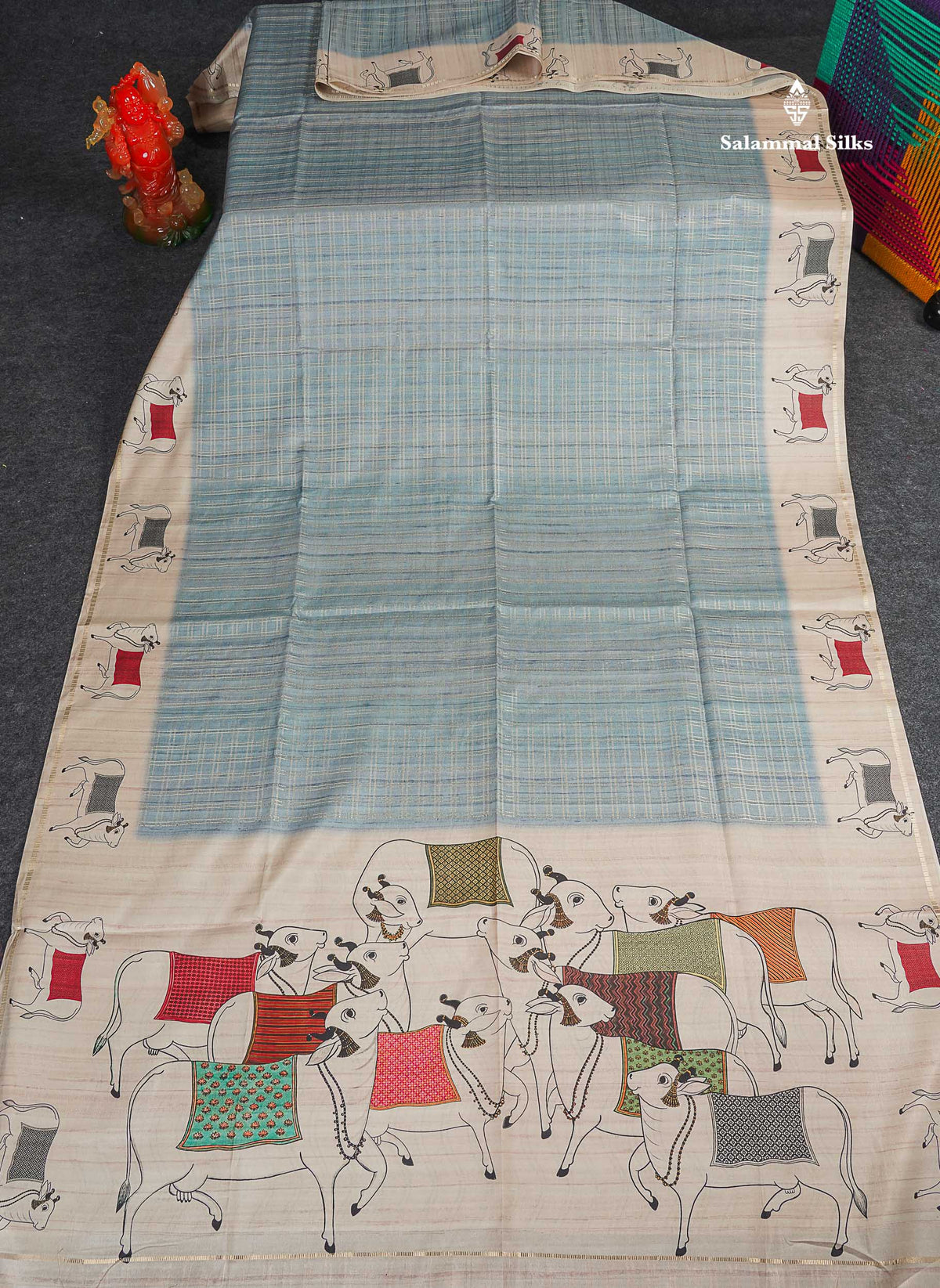 Semi Tussar Saree - Pastel Blue Colour Body With Contrast Half White Fancy Border