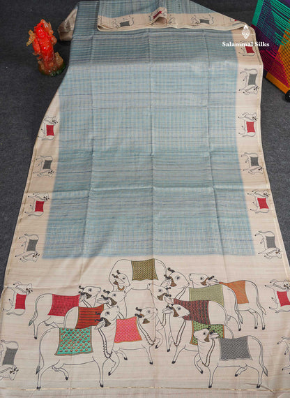 Semi Tussar Saree - Pastel Blue Colour Body With Contrast Half White Fancy Border