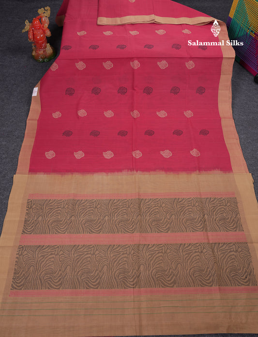 Beautiful Pink Thread Work Butta Handloom Pure Cotton Saree With Contrast Sandal Blouse