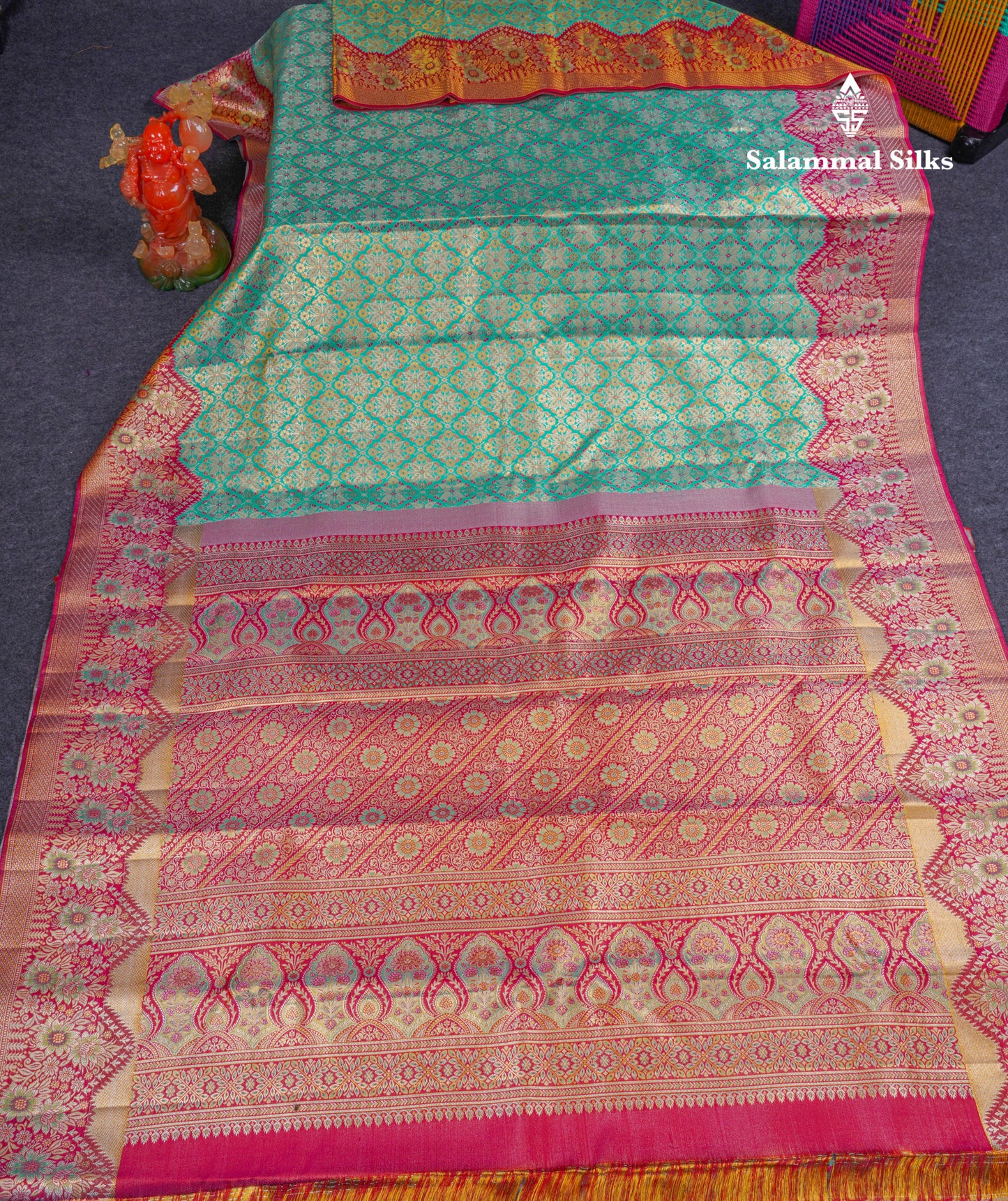 Beautiful Sapphire Green Bridal Pure Kanjivaram Silk Saree With Contrast Rani Pink Fancy Turning Border