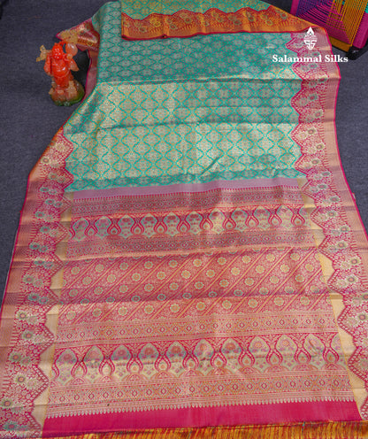 Beautiful Sapphire Green Bridal Pure Kanjivaram Silk Saree With Contrast Rani Pink Fancy Turning Border