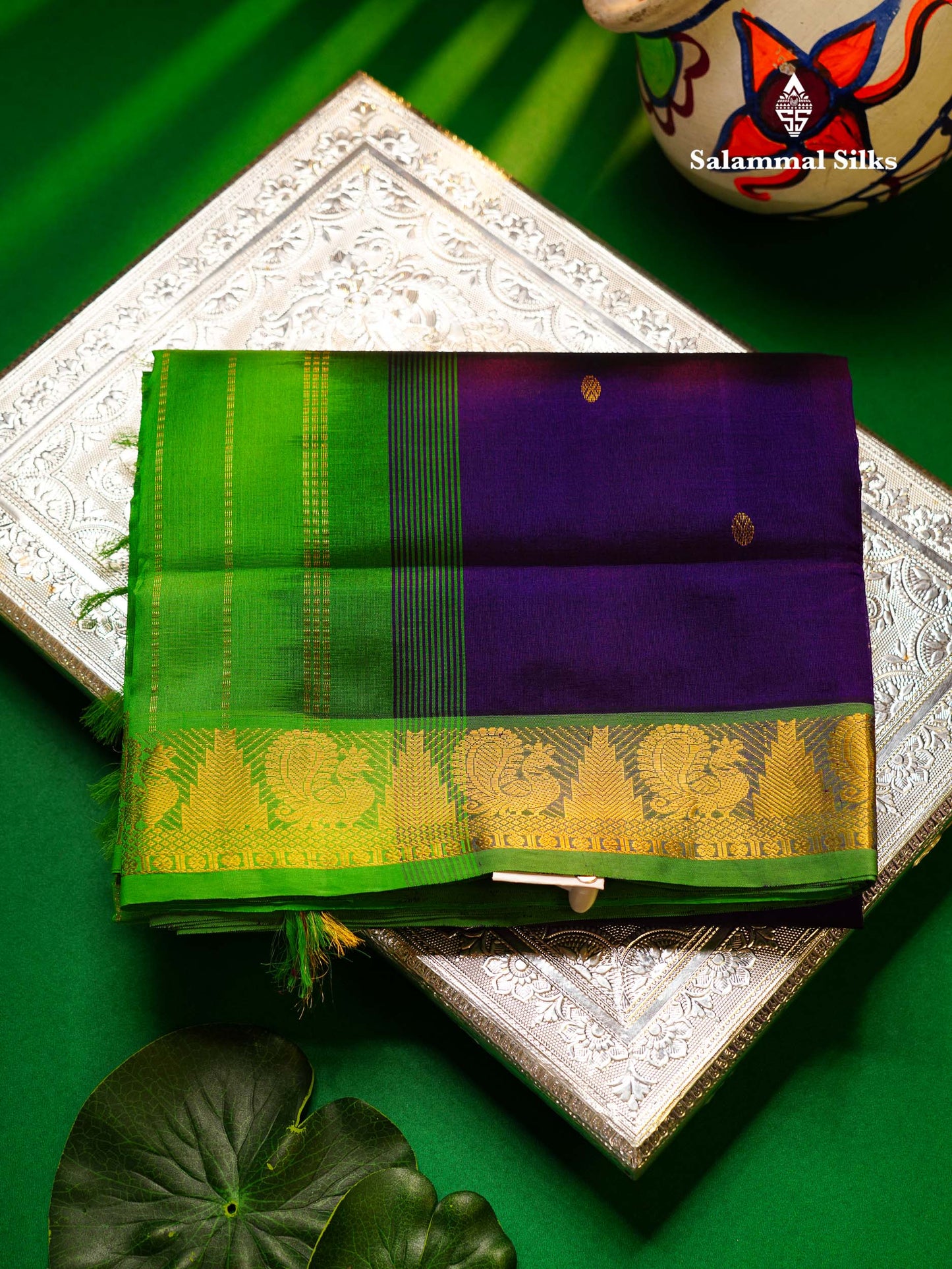Beautiful Dark Violet Handloom Pure Silk Cotton Saree With Green Traditional Border