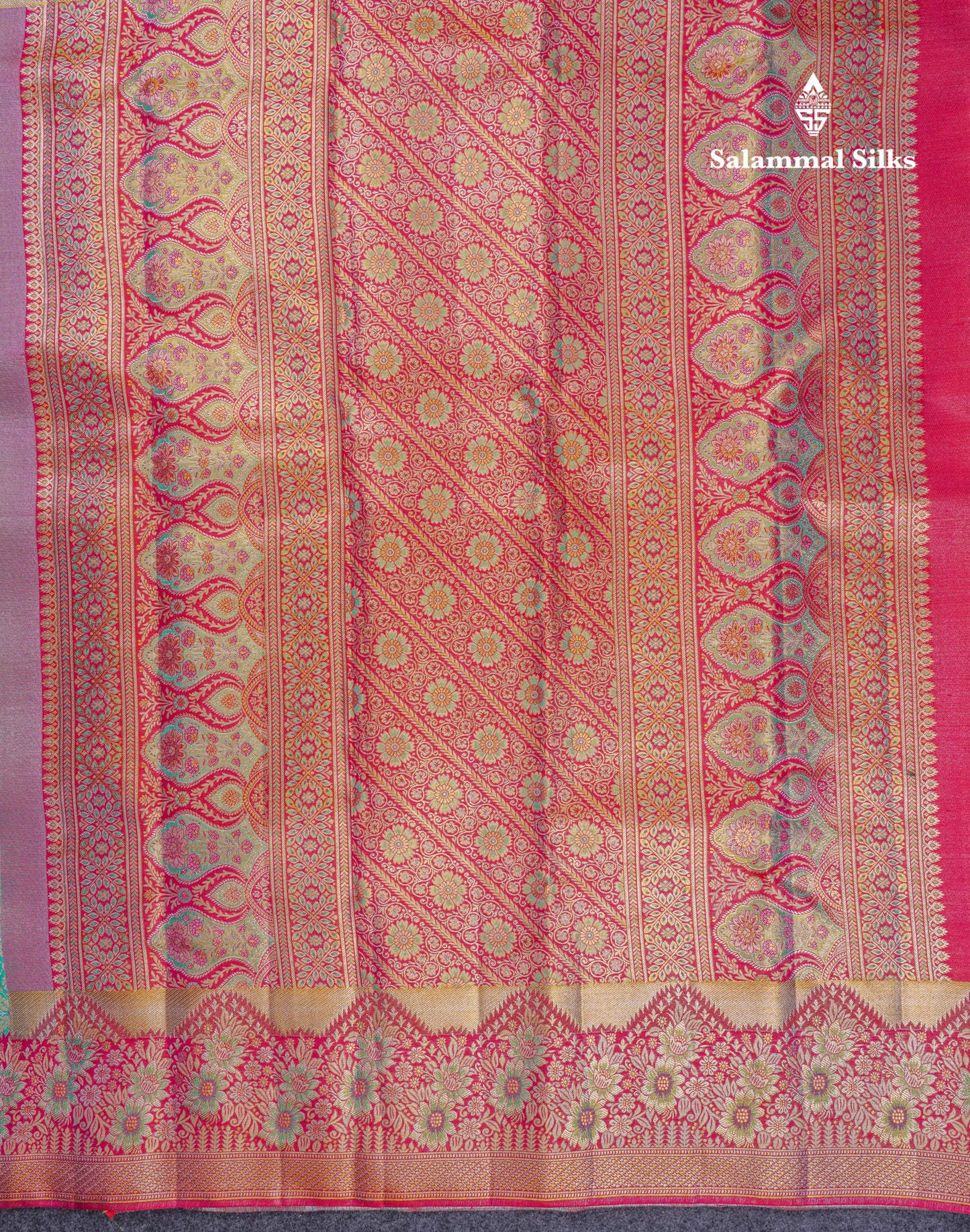 Beautiful Sapphire Green Bridal Pure Kanjivaram Silk Saree With Contrast Rani Pink Fancy Turning Border