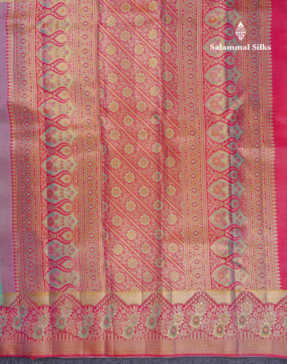 Beautiful Sapphire Green Bridal Pure Kanjivaram Silk Saree With Contrast Rani Pink Fancy Turning Border