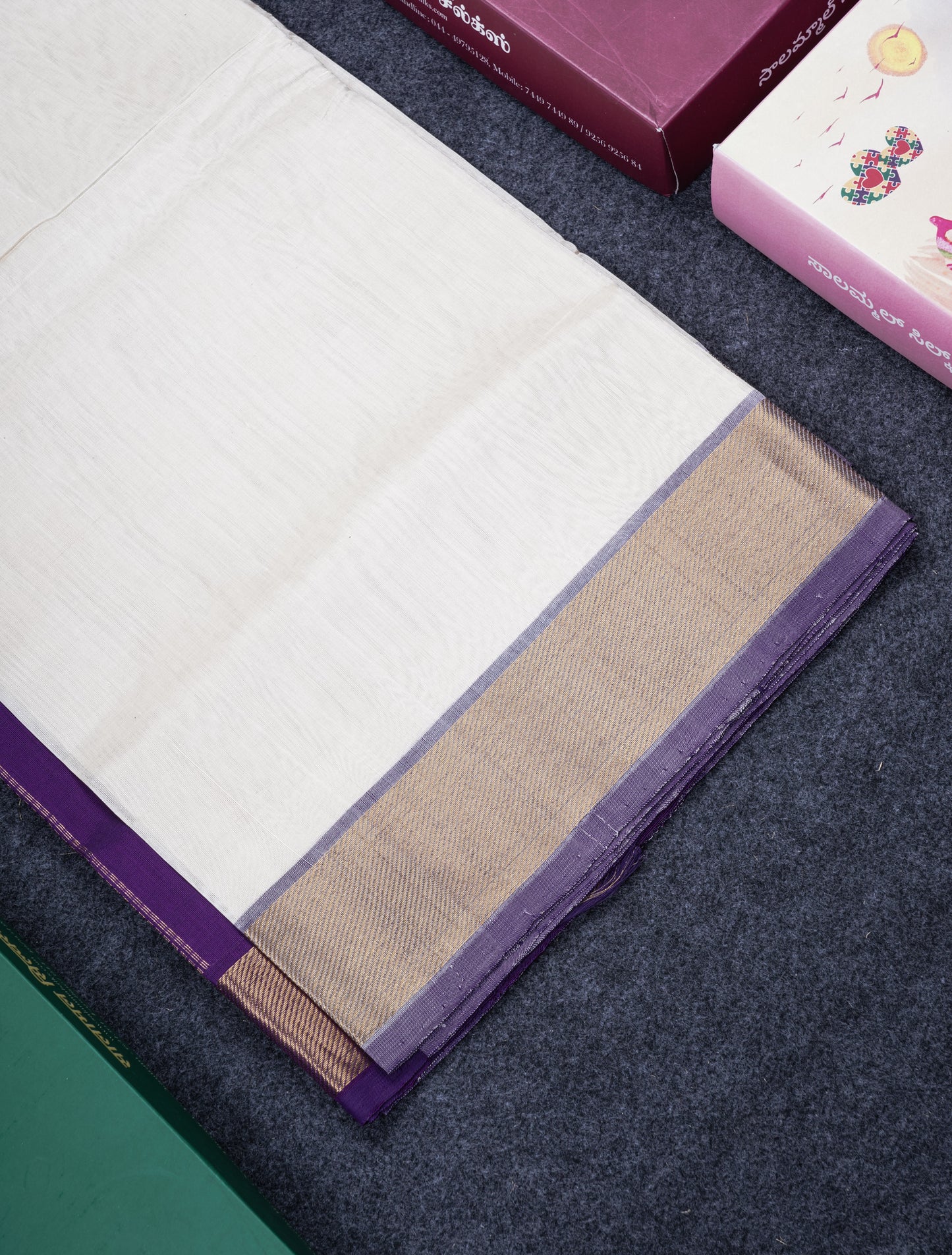 Half White Plain Pure Silk Cotton Saree With Contrast Purple Blouse