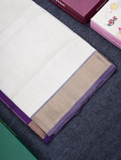 Half White Plain Pure Silk Cotton Saree With Contrast Purple Blouse