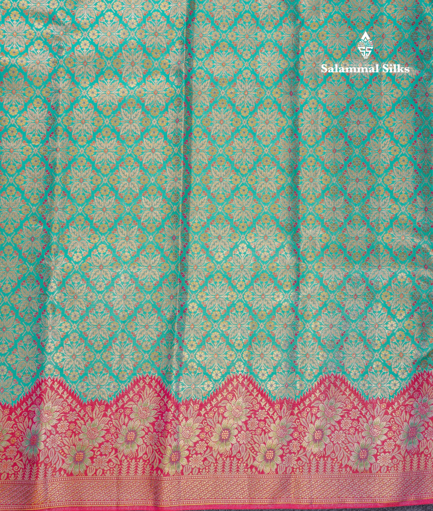 Beautiful Sapphire Green Bridal Pure Kanjivaram Silk Saree With Contrast Rani Pink Fancy Turning Border