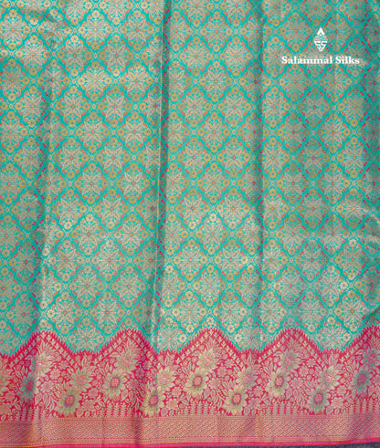 Beautiful Sapphire Green Bridal Pure Kanjivaram Silk Saree With Contrast Rani Pink Fancy Turning Border