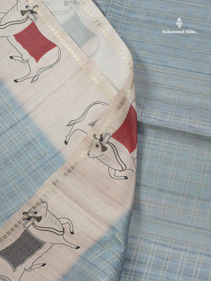 Semi Tussar Saree - Pastel Blue Colour Body With Contrast Half White Fancy Border