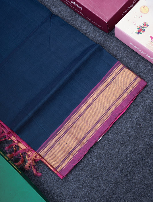 Peacock Blue Plain Pure Silk Cotton Saree With Contrast Magenta Pink Blouse