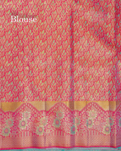 Beautiful Sapphire Green Bridal Pure Kanjivaram Silk Saree With Contrast Rani Pink Fancy Turning Border