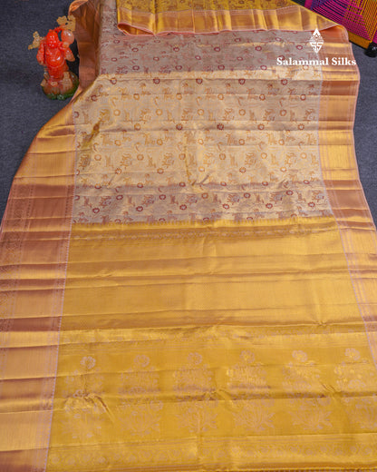 Beautiful Gold Tissue Bridal Vanasingaram Pure Kanjivaram Silk Saree With Contrast Peach Traditional Evening Morning Border