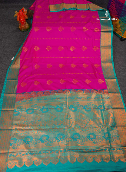 Semi Silk Saree - Pink Body Butta With Contrast Light Rexona Green Traditional Border