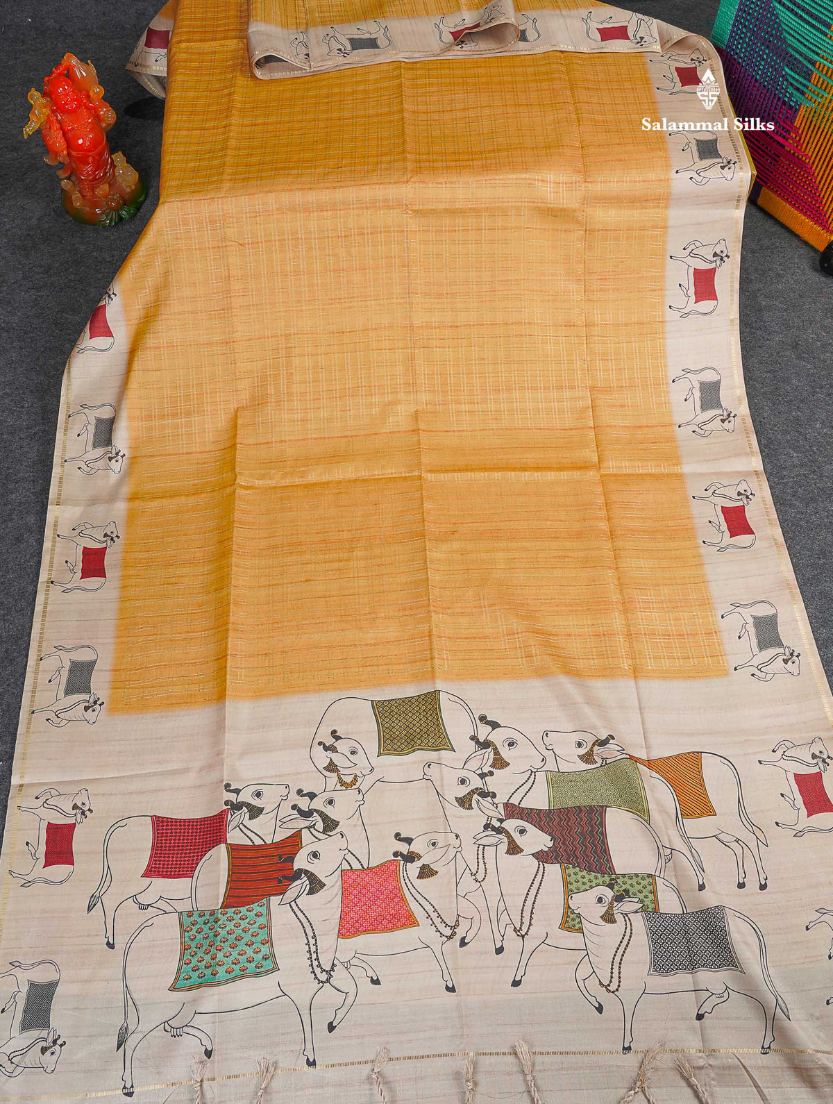 Semi Tussar Saree - Yellow Colour Body With Contrast Half White Fancy Border