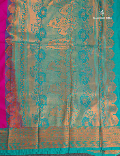 Semi Silk Saree - Pink Body Butta With Contrast Light Rexona Green Traditional Border