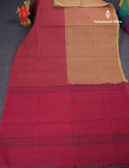 Beautiful Half And Half Light Mustard Yellow & Maroon Thread Work Butta Handloom Pure Cotton Saree With Contrast Maroon Blouse
