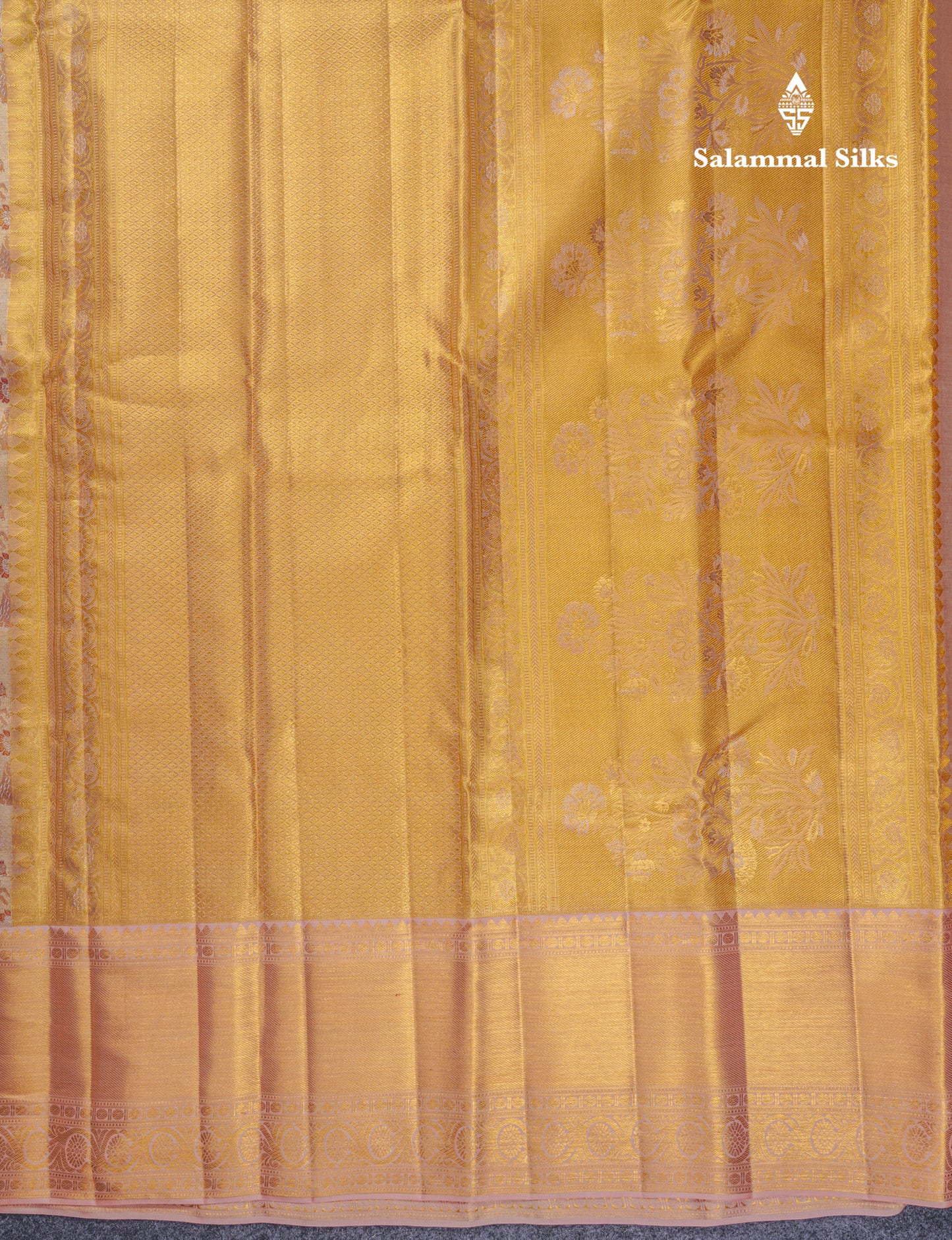 Beautiful Gold Tissue Bridal Vanasingaram Pure Kanjivaram Silk Saree With Contrast Peach Traditional Evening Morning Border