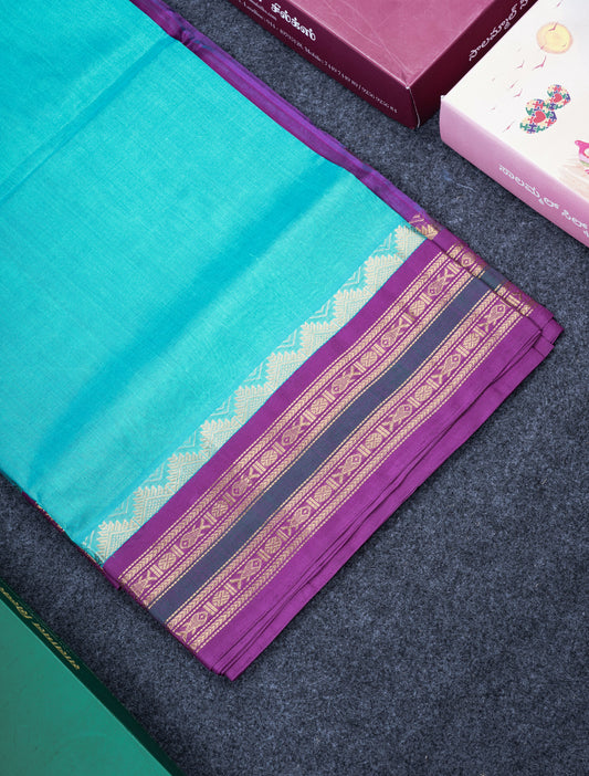 Sky Blue Plain Pure Silk Cotton Saree With Contrast Purple Traditional Border