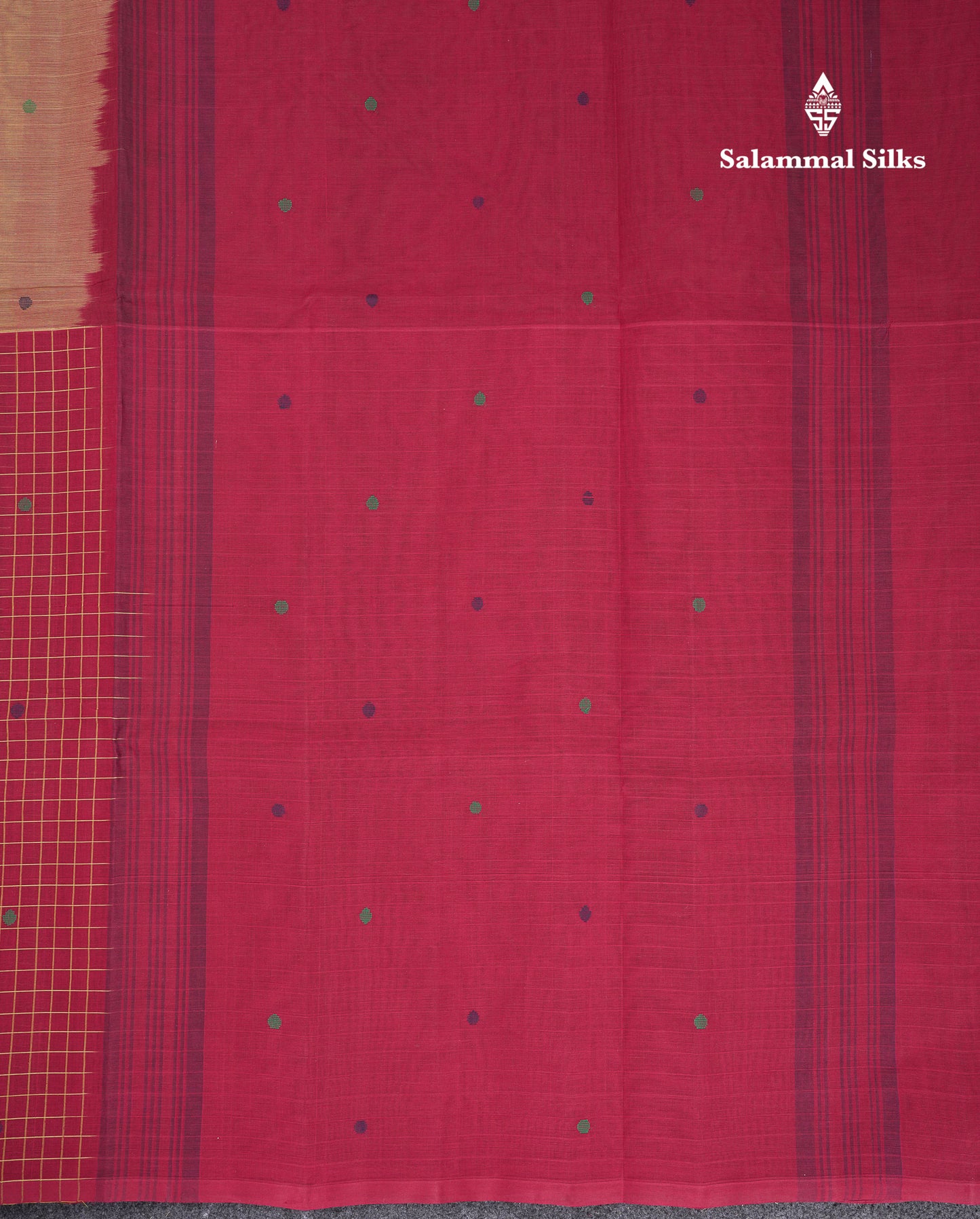 Beautiful Half And Half Light Mustard Yellow & Maroon Thread Work Butta Handloom Pure Cotton Saree With Contrast Maroon Blouse