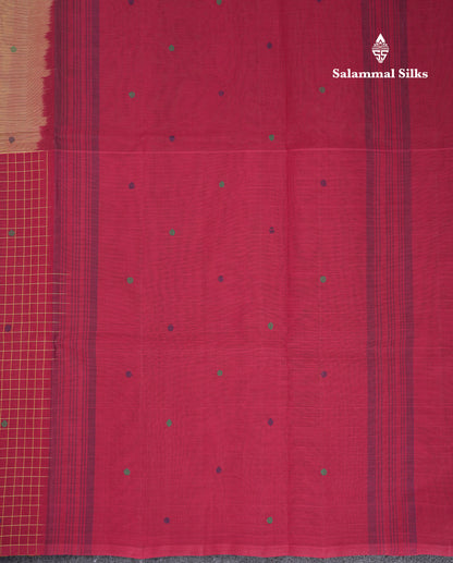 Beautiful Half And Half Light Mustard Yellow & Maroon Thread Work Butta Handloom Pure Cotton Saree With Contrast Maroon Blouse
