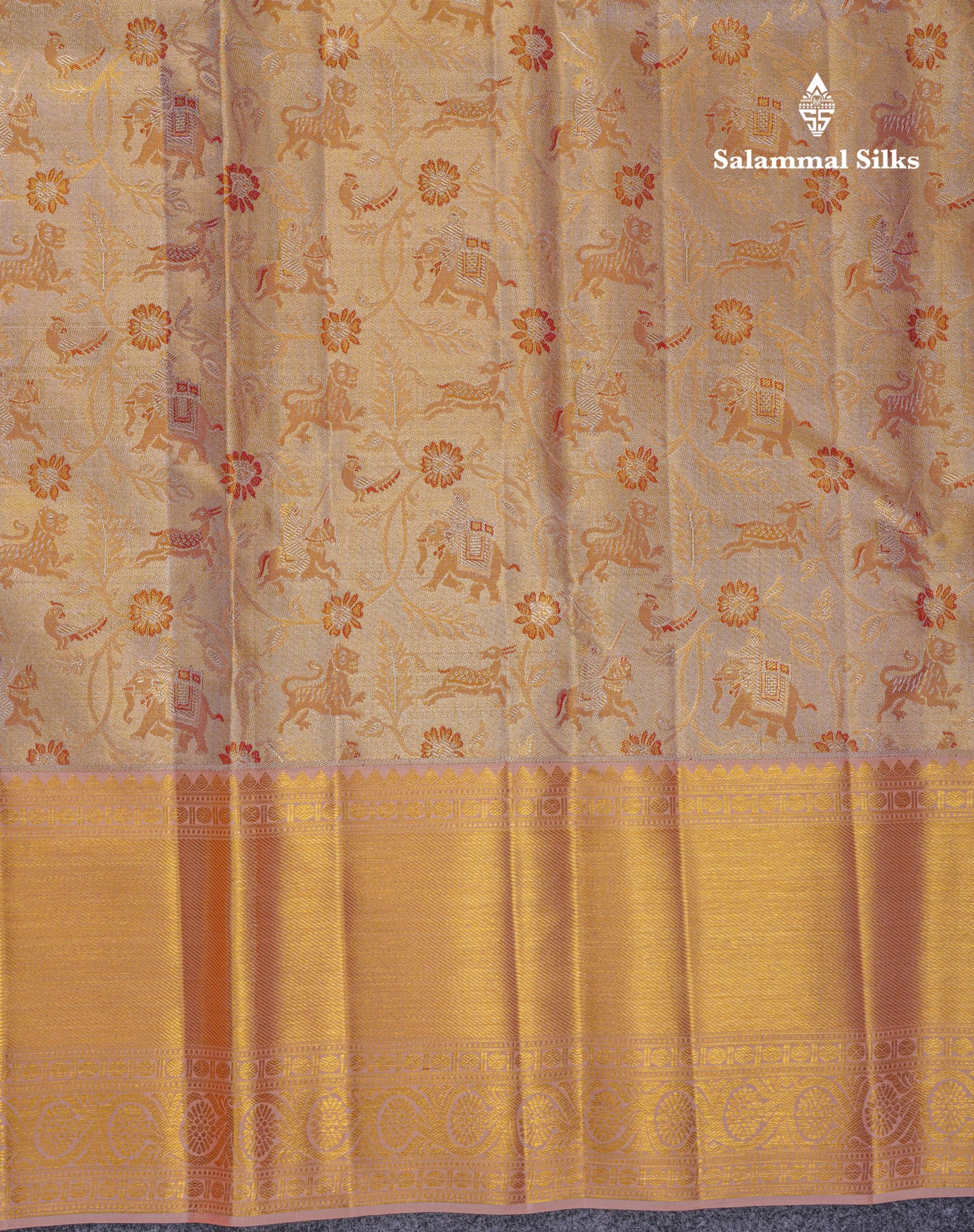 Beautiful Gold Tissue Bridal Vanasingaram Pure Kanjivaram Silk Saree With Contrast Peach Traditional Evening Morning Border