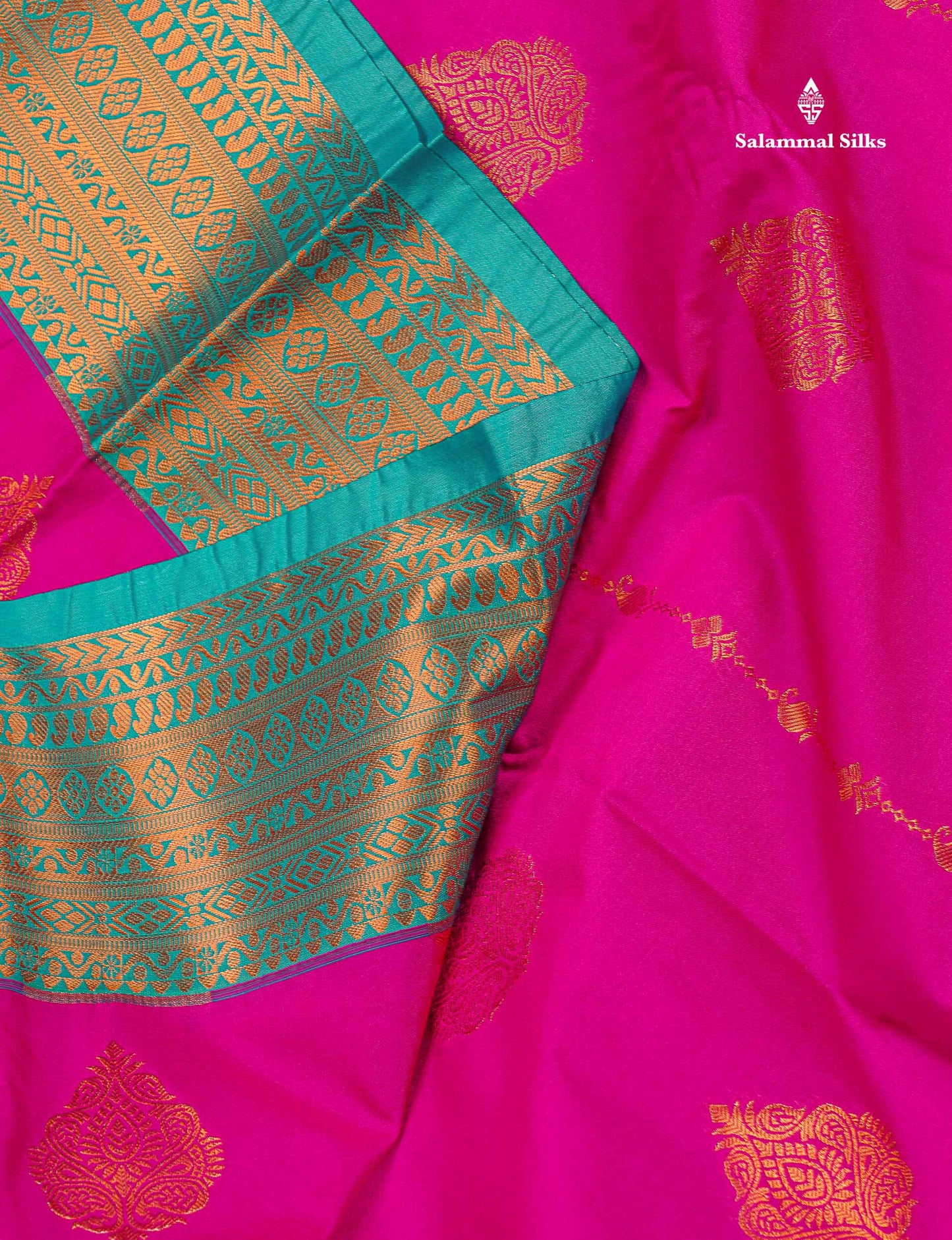 Semi Silk Saree - Pink Body Butta With Contrast Light Rexona Green Traditional Border