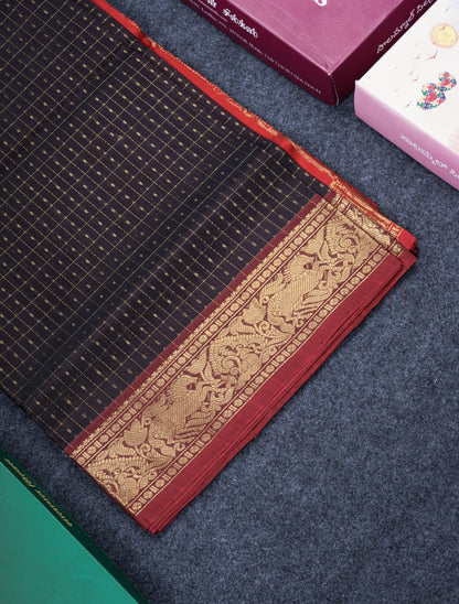 Dark Brown Lakshadeepam Pure Silk Cotton Saree With Contrast Chilly Red Blouse