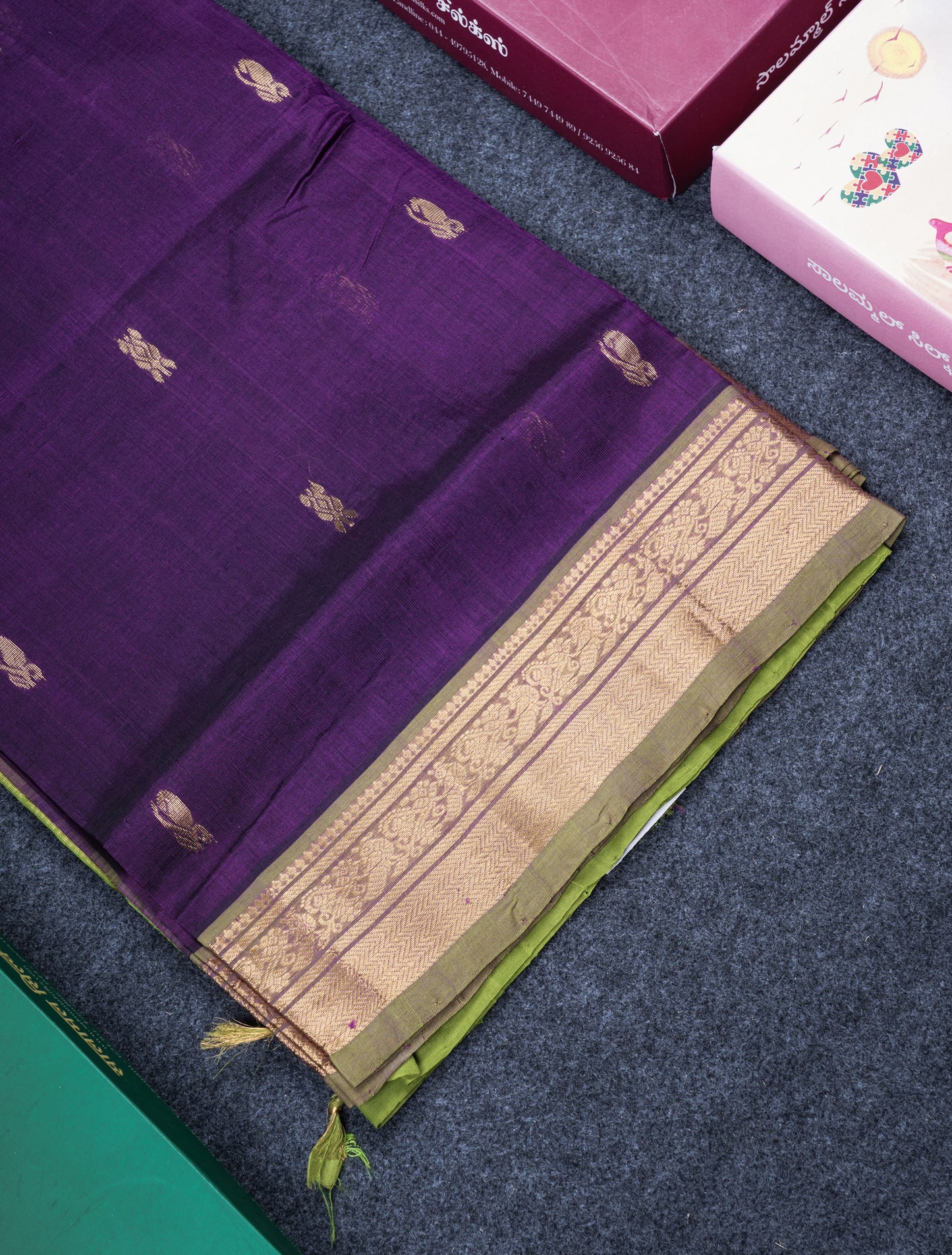 Dark Purple Pure Silk Cotton Saree With Contrast Parrot Green Blouse
