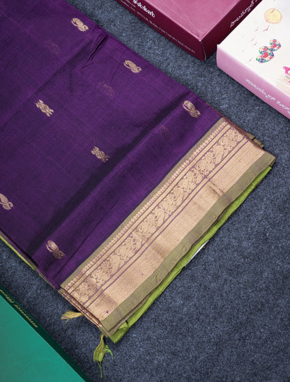 Dark Purple Pure Silk Cotton Saree With Contrast Parrot Green Blouse
