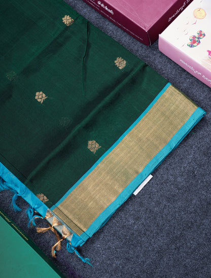 Bottle Green Pure Silk Cotton Saree With Contrast Sky Blue Blouse