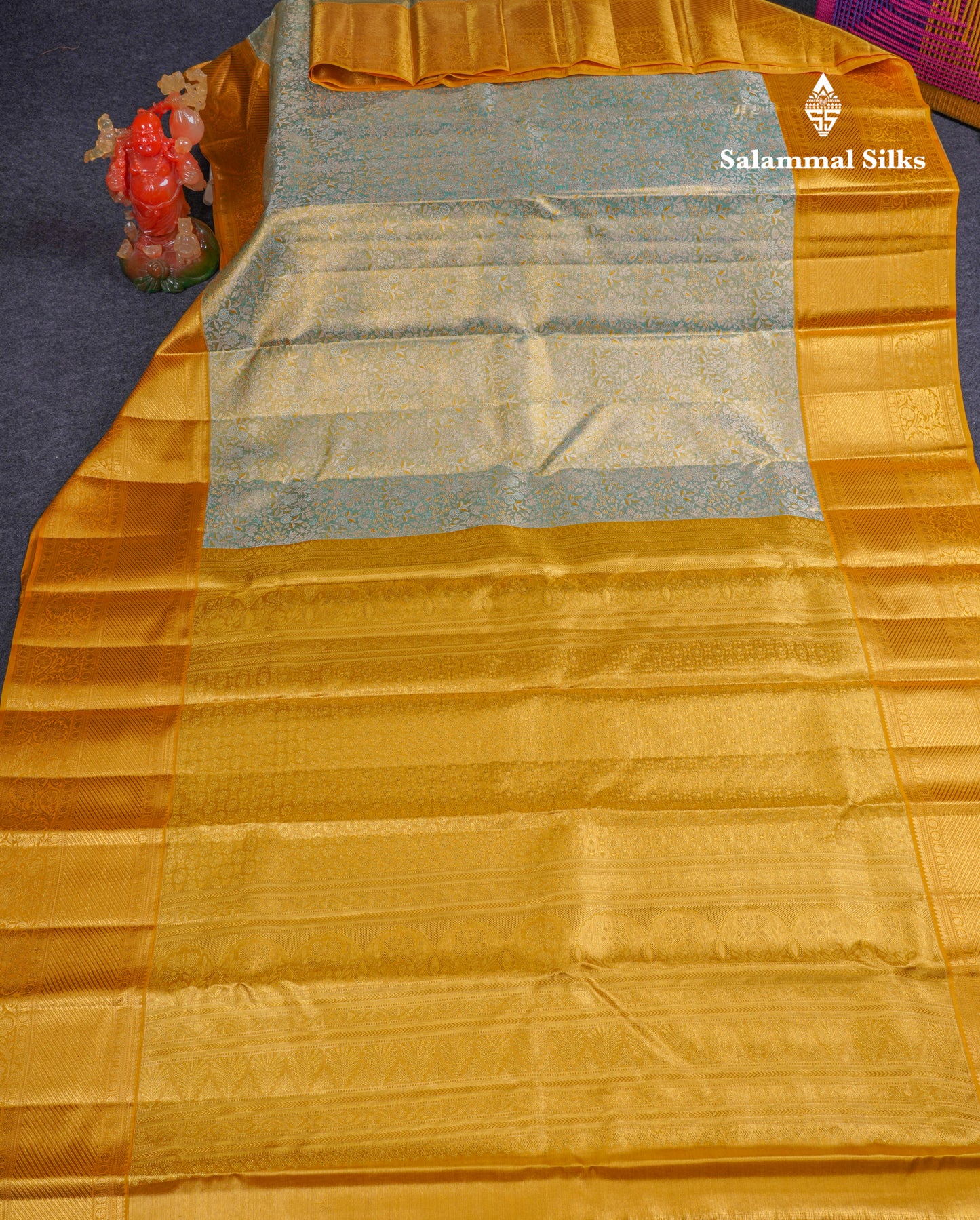 Beautiful Sapphire Green Tissue Bridal Pure Kanjivaram Silk Saree With Contrast Mustard Yellow Traditional Border