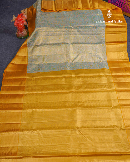 Beautiful Sapphire Green Tissue Bridal Pure Kanjivaram Silk Saree With Contrast Mustard Yellow Traditional Border