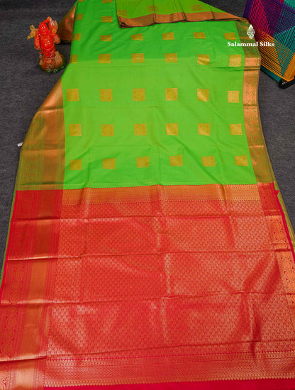Semi Silk Saree - Green Body Butta With Contrast Redish Pink Blouse