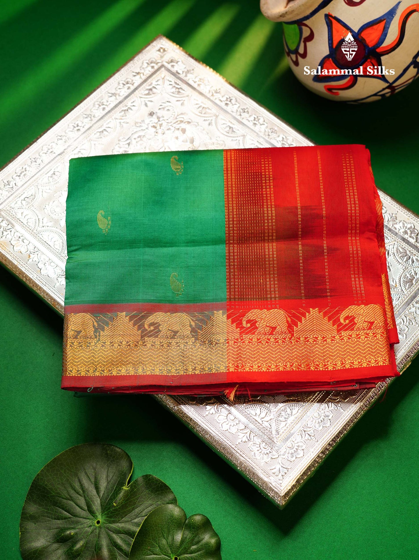 Beautiful Sapphire Green Semi Silk Cotton Saree With Contrast Chilly Red Blouse