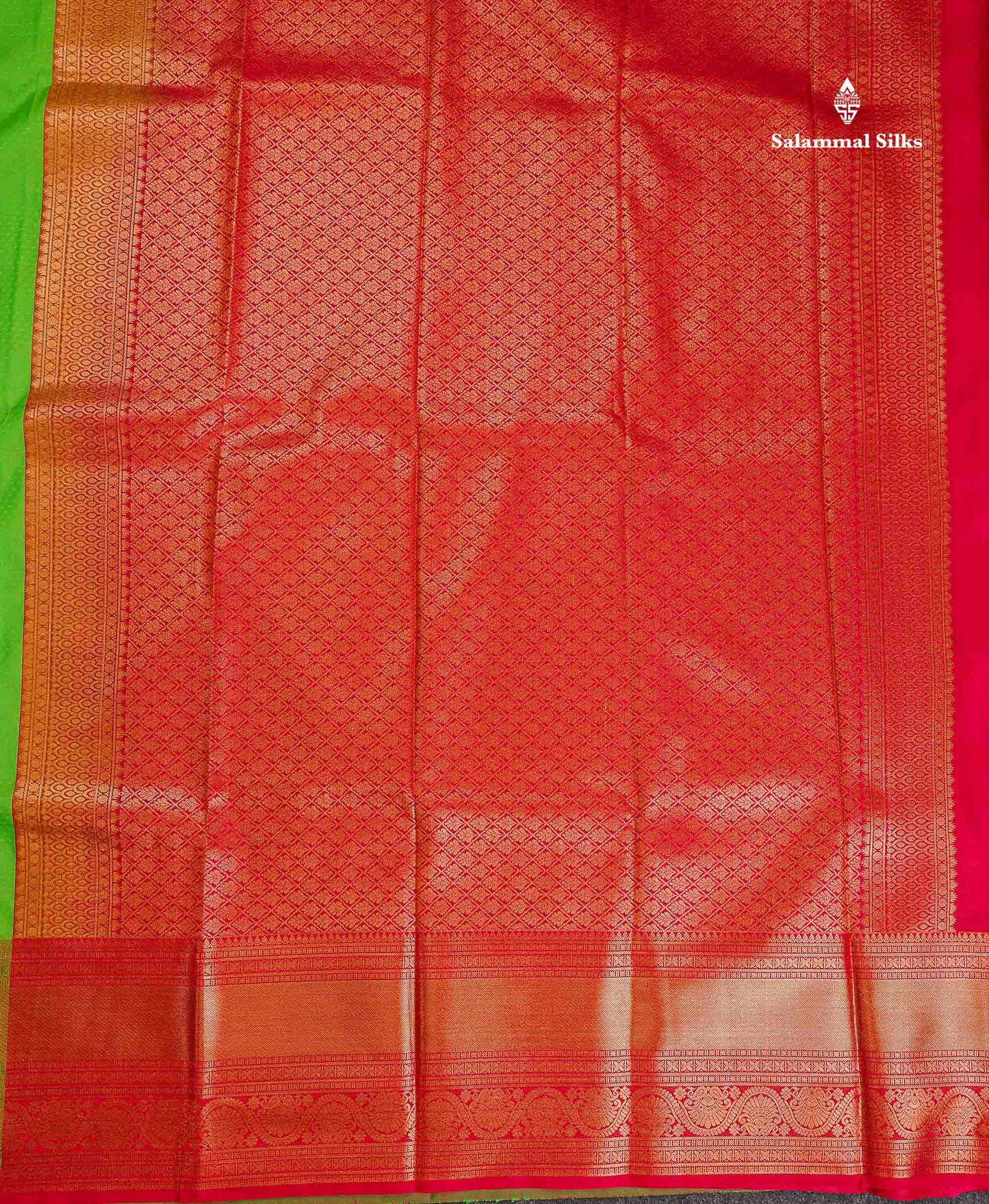 Semi Silk Saree - Green Body Butta With Contrast Redish Pink Blouse