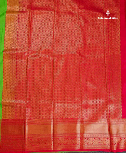 Semi Silk Saree - Green Body Butta With Contrast Redish Pink Blouse