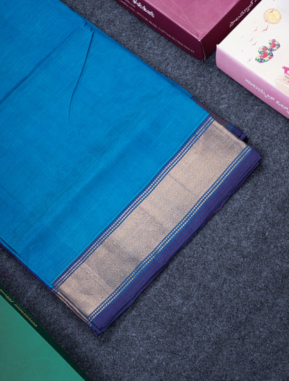 Ramar Blue Plain Pure Silk Cotton Saree With Contrast Royal Blue Blouse