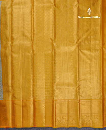 Beautiful Sapphire Green Tissue Bridal Pure Kanjivaram Silk Saree With Contrast Mustard Yellow Traditional Border