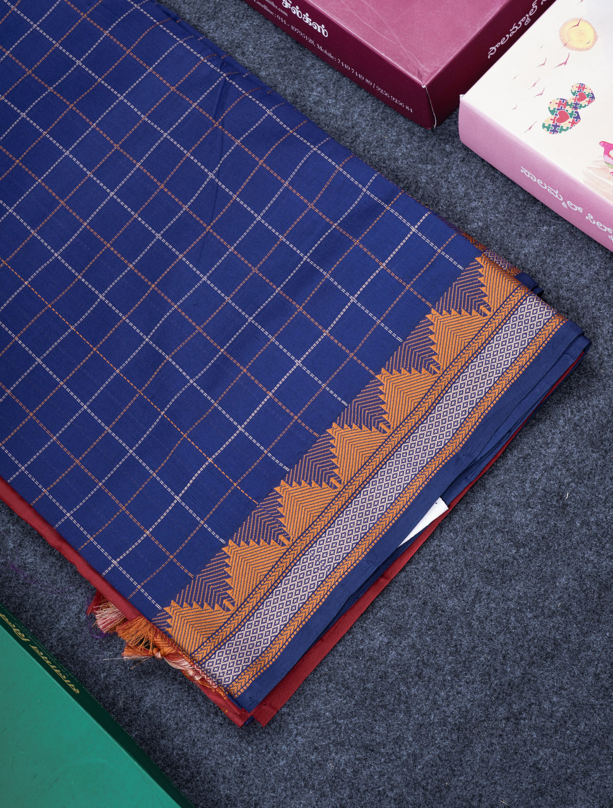 Navy Blue Thread Work Checks Semi Silk Cotton Saree With Contrast Reddish Maroon Blouse