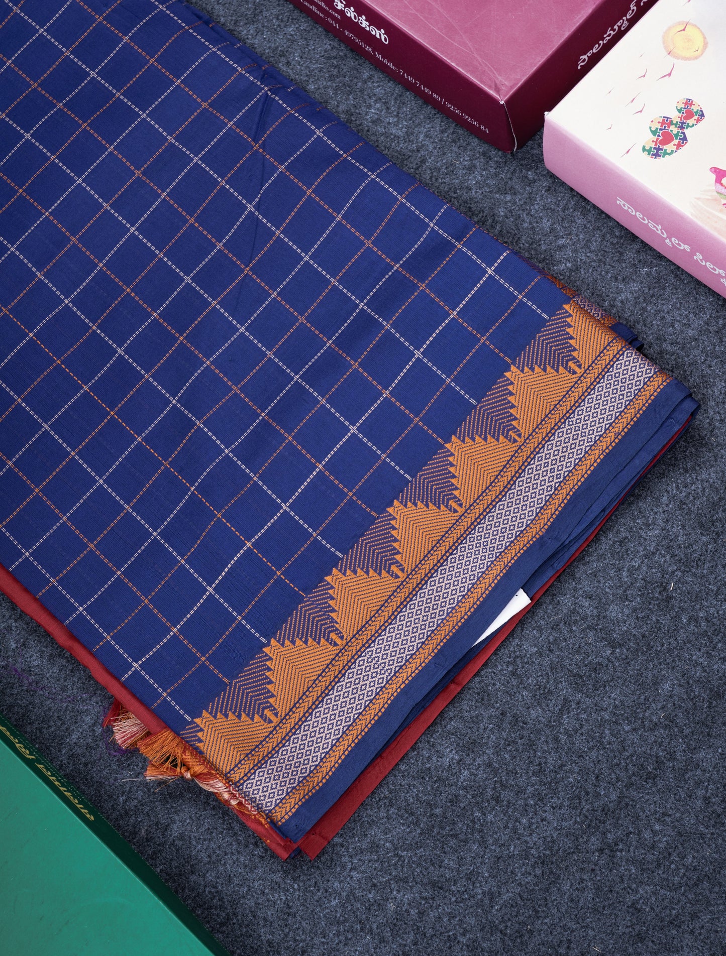 Navy Blue Thread Work Checks Pure Silk Cotton Saree With Contrast Reddish Maroon Blouse